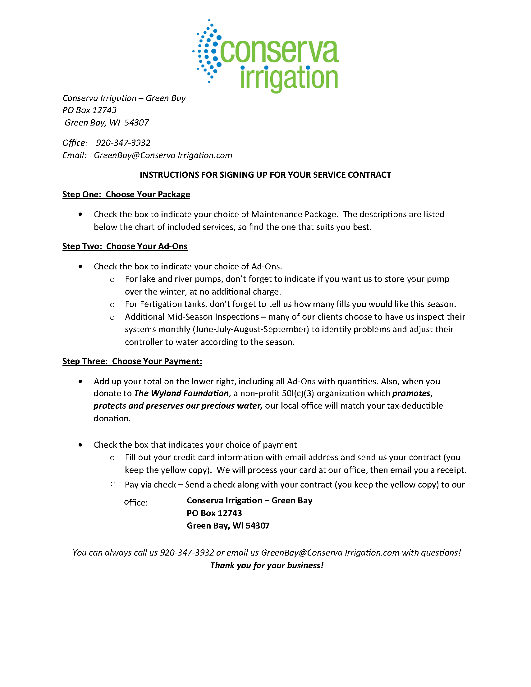 Conserva Irrigation Instructions for Signing Up for your Service Contract Conserva Irrigation Instructions for Signing Up for your Service Contract